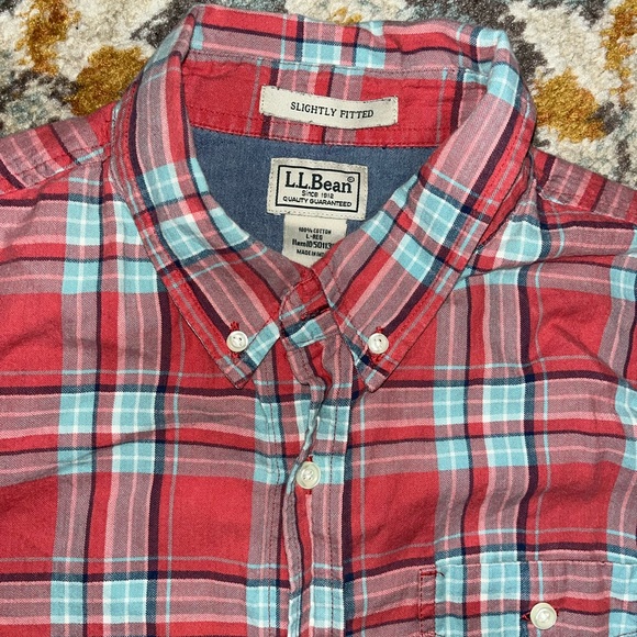 LL bean button up long sleeve shirt size L pink and blue plaid flannel - Picture 5 of 6